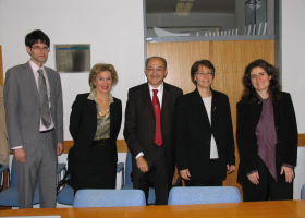  Visit of the French delegation, 19.11.2013. From the left: Mr. Thomas Wellebrouck (Attaché for science and higher education, French Embassy), Prof. Dr. Tamara Lah Turnšek (Director NIB), Dr. Luis M. Mir (Director of the laboratory of Vectorology and anti-cancerous therapeutics (joint research unit of the CNRS, Gustave Roussy Insitute and the Paris-XI University), Dr. Florence Noble (Deputy scientific director of the Institute of Biological Sciences of the CNRS), Dr. Francesca Grassia (Deputy director of the european research and international cooperation office (DERCI) of the CNRS). (Photo: H. Končar)